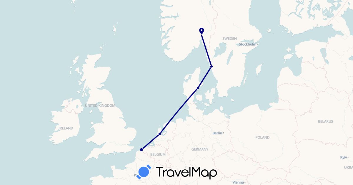 TravelMap itinerary: driving in Denmark, France, Netherlands, Norway, Sweden (Europe)